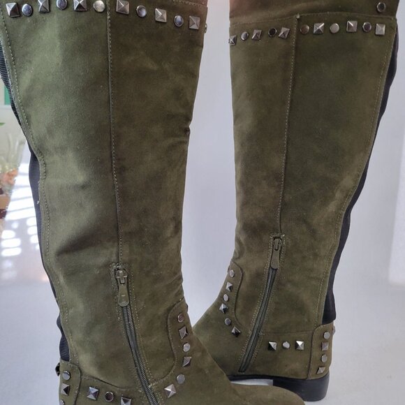 Midnight Velvet Olive Green Over The Knee Boots W Studded Detail Size 9W - Picture 13 of 16